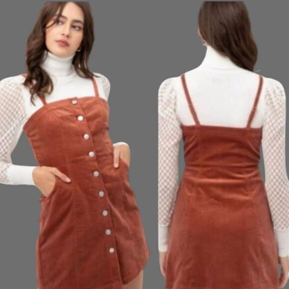 Y2K Brown Clay Boho Sleeveless Button Front Corduroy Mini Dress Large - Picture 10 of 16